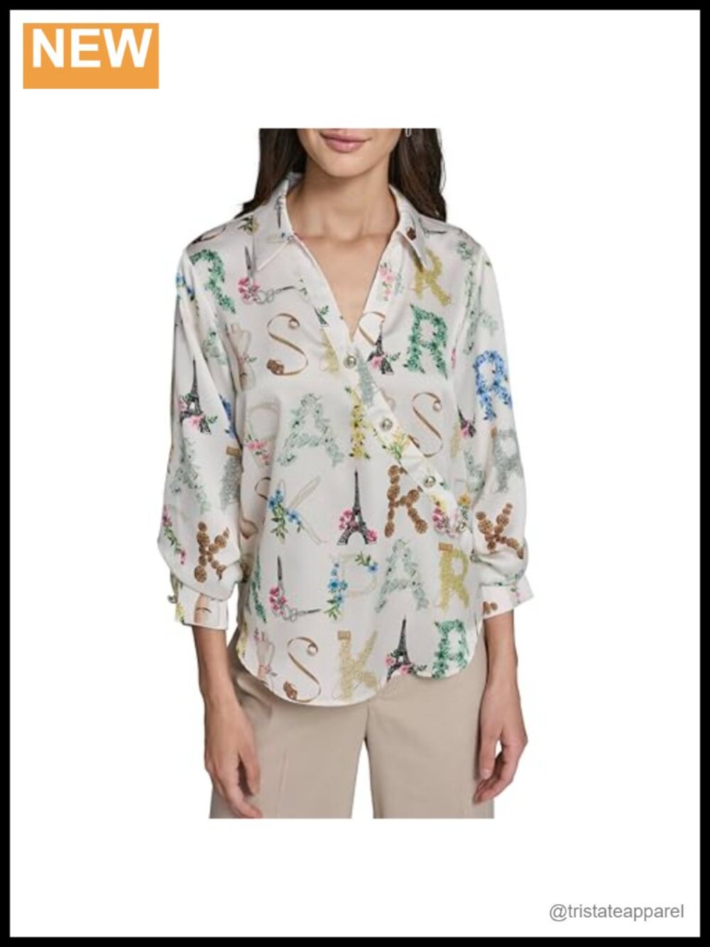 100% Polyester 3/4 Sleeve Button Down Surplice Blouse with Collar Print